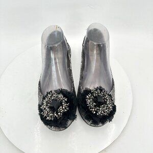 Tory Burch Women Size 7.5M Scrunch Amelia Crystal Silver Ballet Flat Shoes